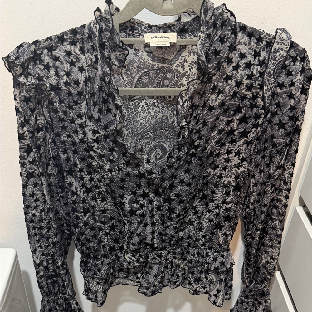 Zadig & Voltaire Black and Gray Paisley Ruffle Blouse